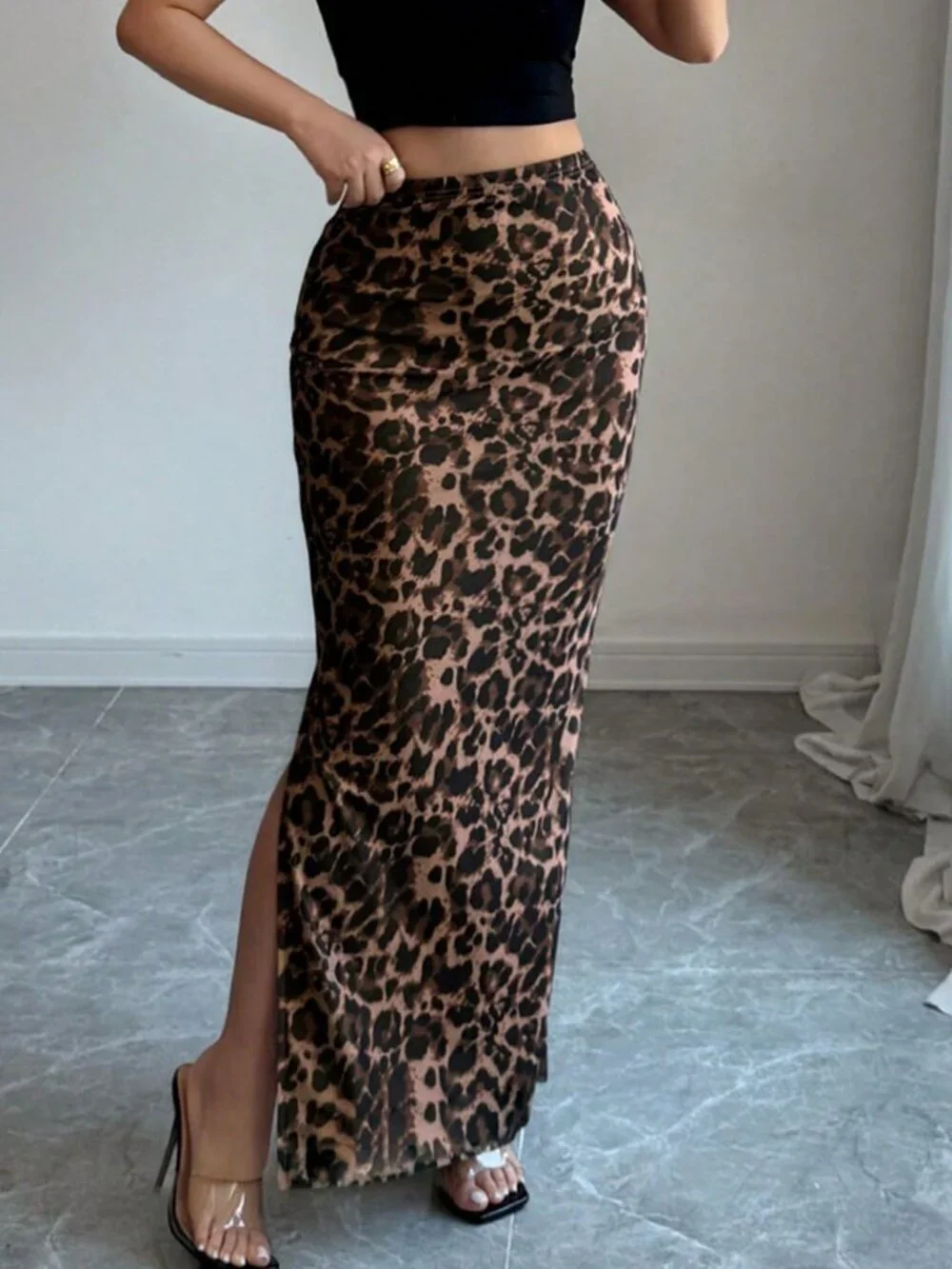 Brown Elegant Women's Leopard Print Maxi Skirt With Slit